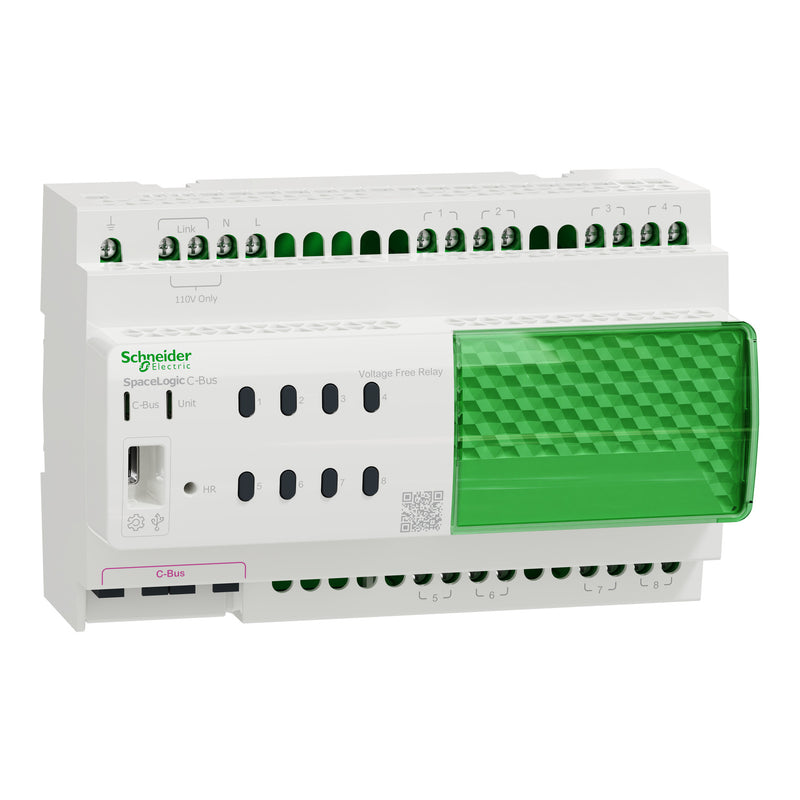 Clipsal Relay voltage free, SpaceLogic C-Bus, 8 channel, DIN rail mounted, selectable inbuilt C-Bus power supply - Replaces L5508RVFP, L5508RVF