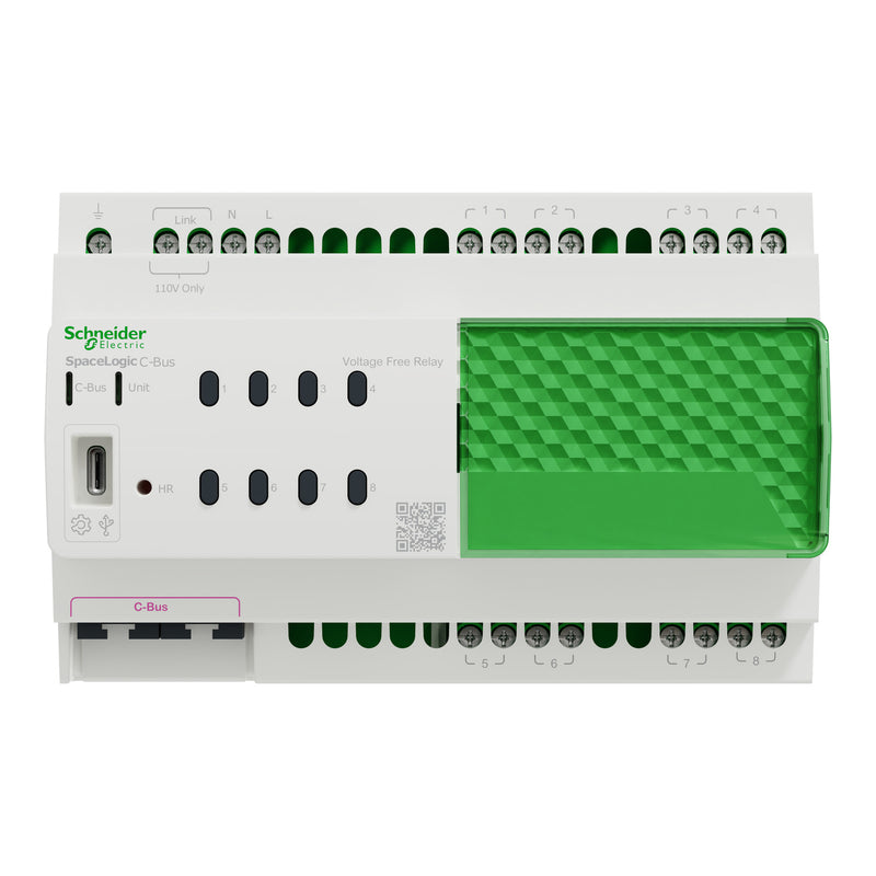 Clipsal Relay voltage free, SpaceLogic C-Bus, 8 channel, DIN rail mounted, selectable inbuilt C-Bus power supply - Replaces L5508RVFP, L5508RVF