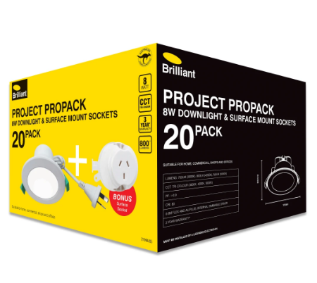 Brilliant PROJECT PROPACK & Socket (Sold in 20 per Pack) LED Downlight Tri - White 8W 220-240V IP44 - 21996/05 - Brilliant Lighting