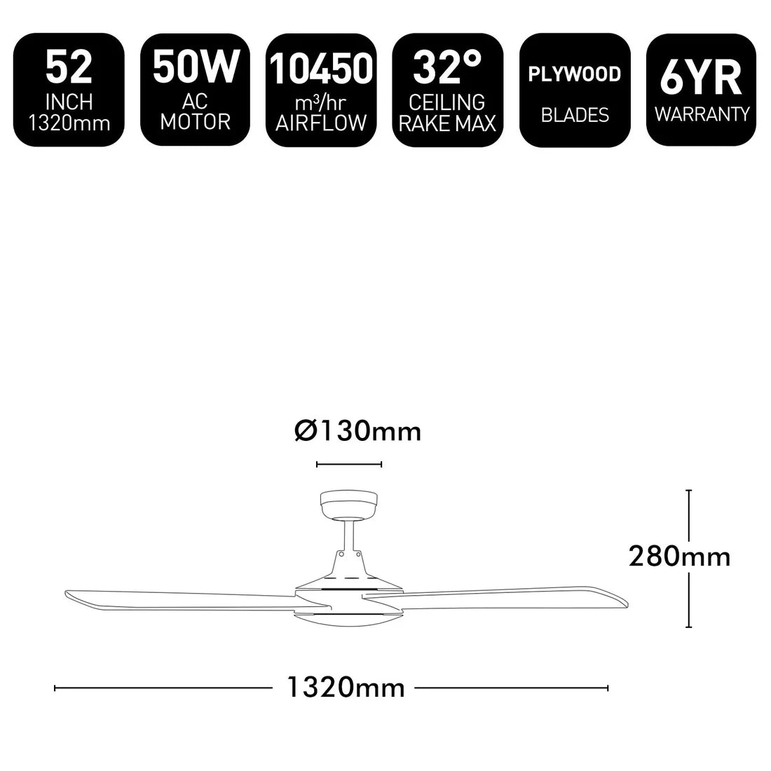Brilliant TEMPEST 52in. Ceiling Fan White/ Black/ Brushed Aluminium 50W - 99983/05, 99983/06, 99983/13