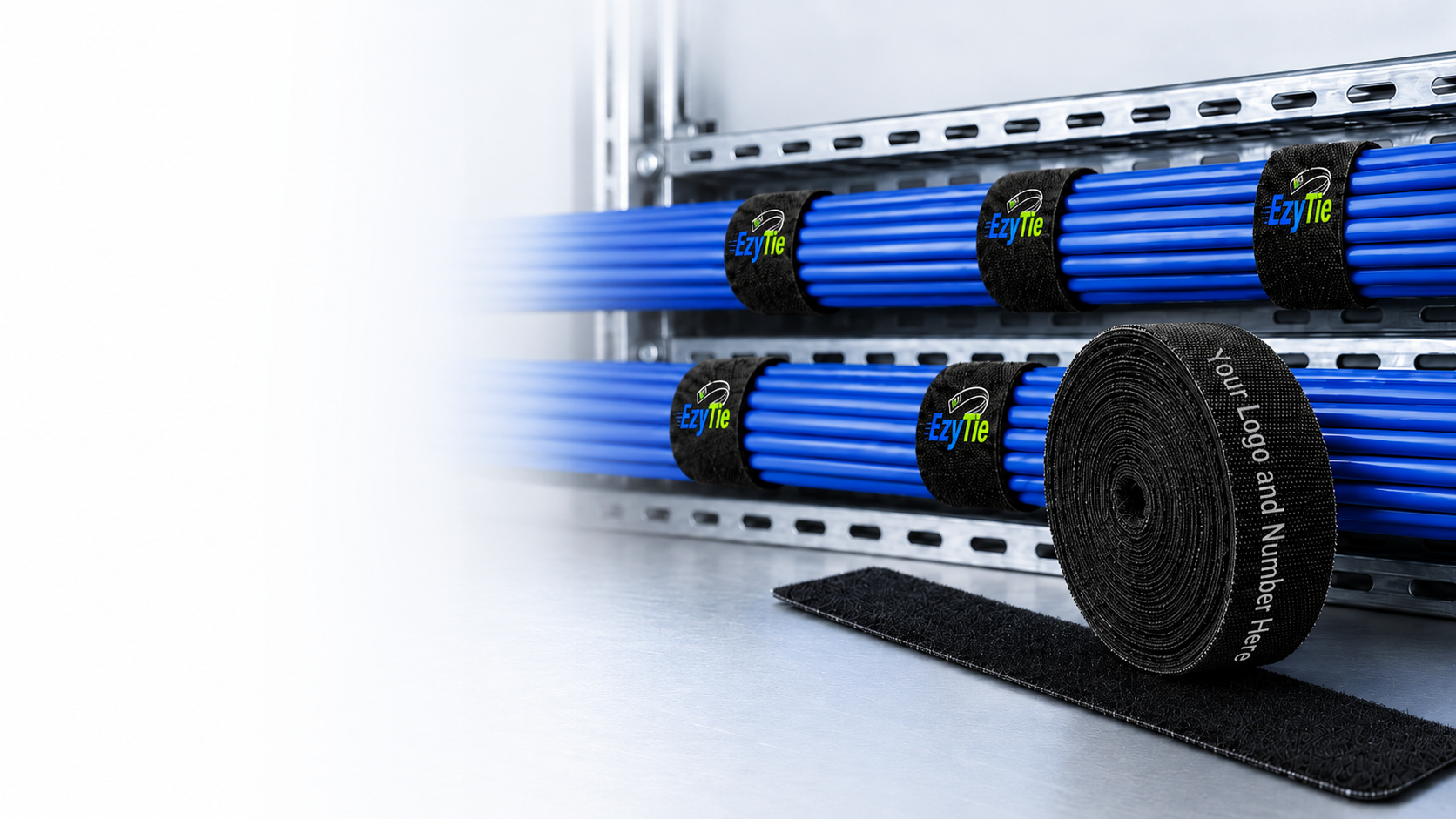 A close-up of a roll of black velcro cable ties, wrapped around data cabling on a cable tray or rack. Velcro ties include a custom brand and perforation for fast install

