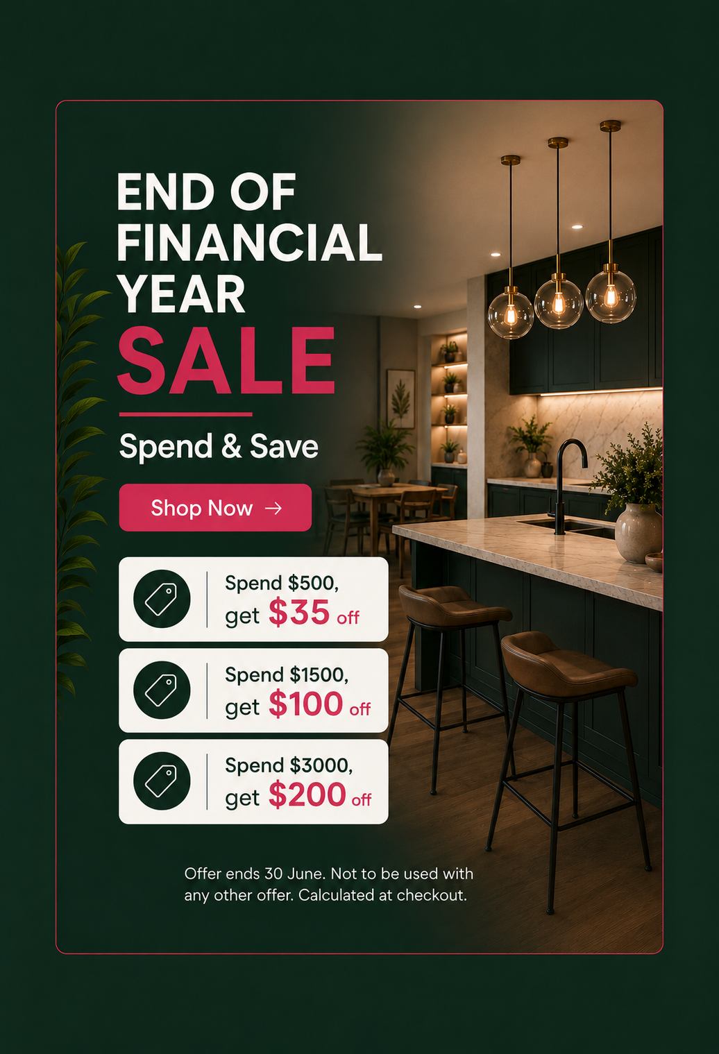Promotional sale banner for an end-of-year financial sale with a kitchen background.
