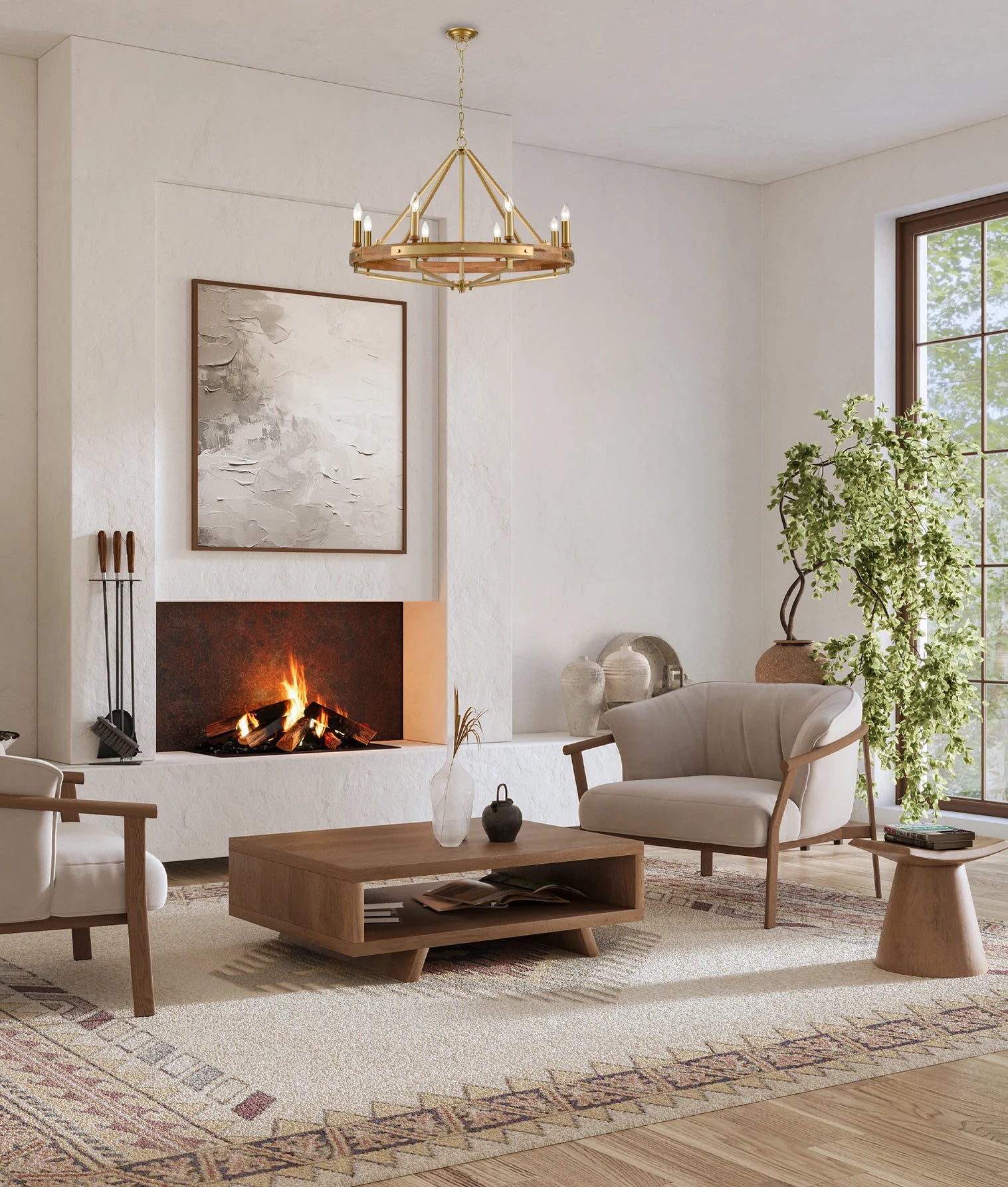 CLA FUNALE: Candelabra 8-Light Interior Pendants Natural Wood / Oak Wood 220-240V - FUNALE2, FUNALE5