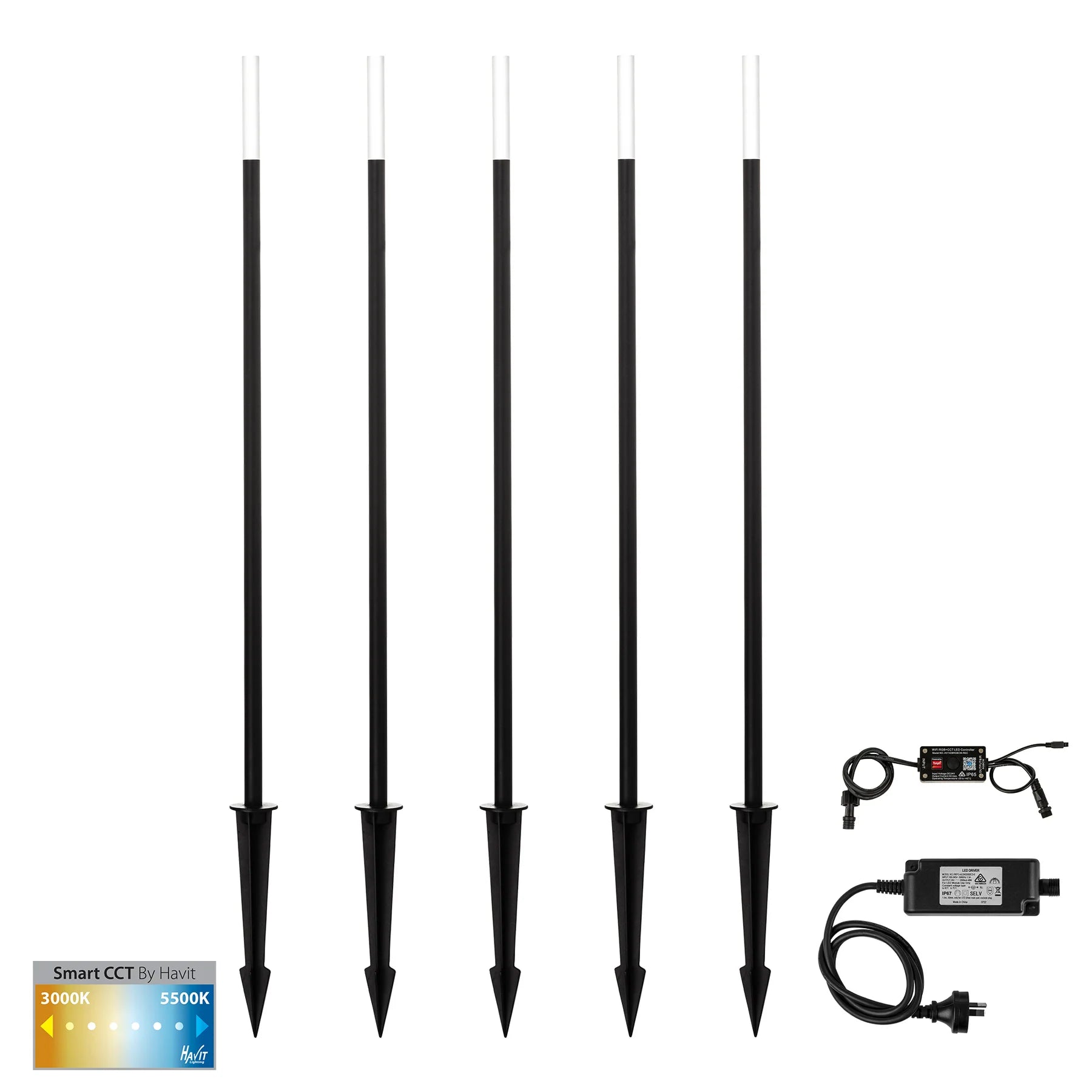 Havit Drique 5 Light Garden Spike Lights Kit 3000K-5000K Aluminium Black 5x1W 24V IP65- HV1514CCT-BLK-KIT