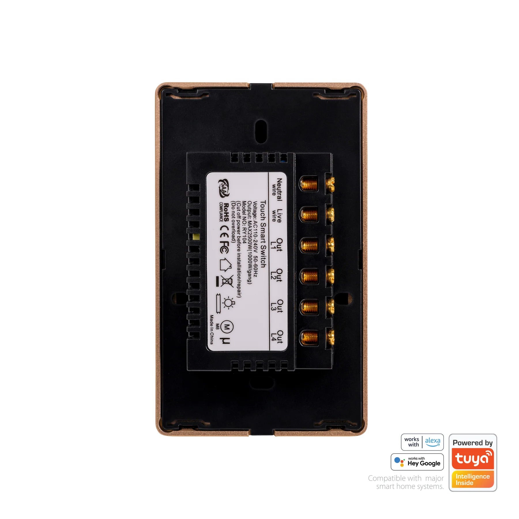 Havit Wifi 4 Gang with Gold Trim Wall Switch Clipsal Black 4x300W 240V IP20 - HV9220-4