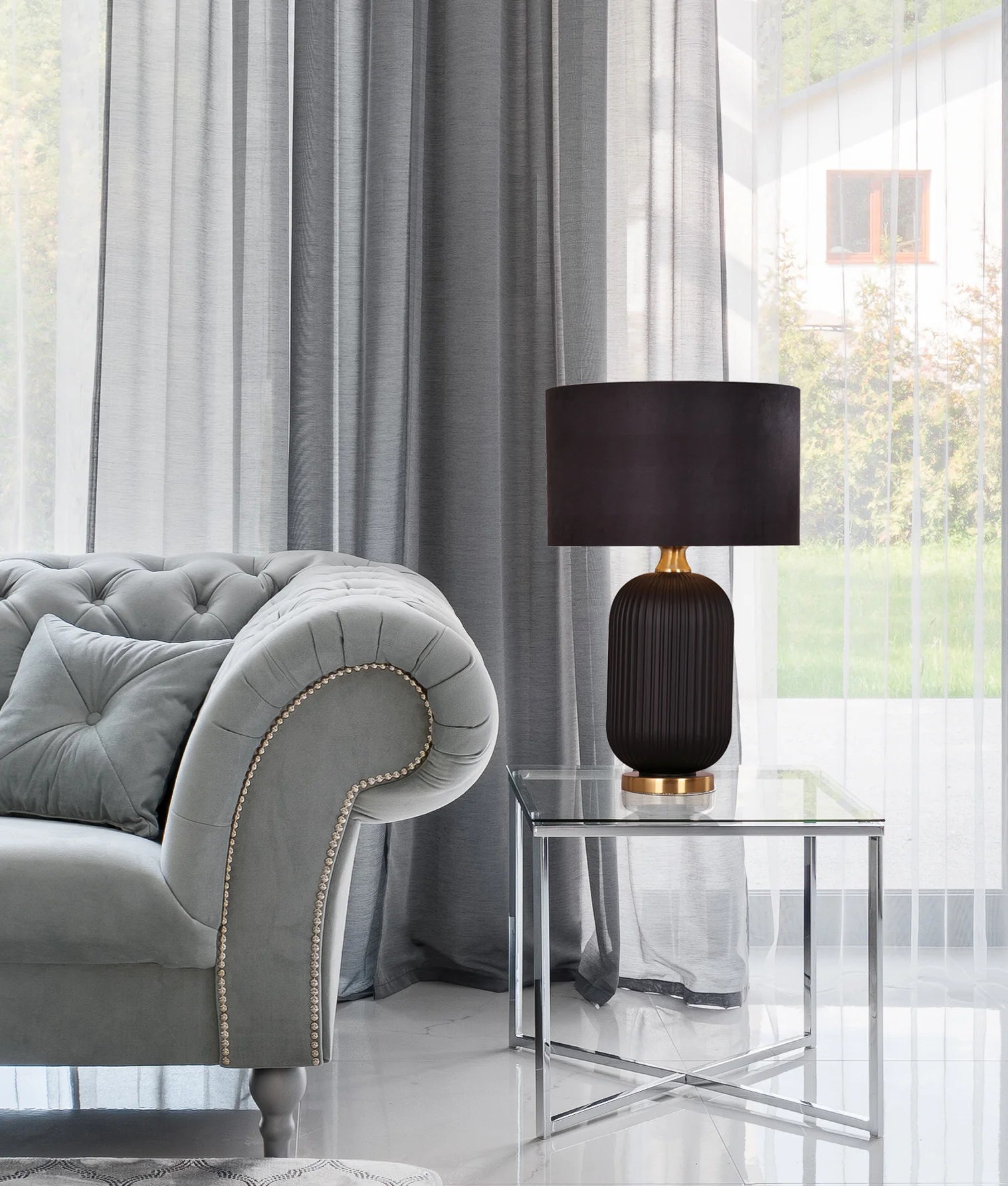 CLA LUSSO: Interior Drum Shade Ceramic Base with Antique Brass Highlight Table Lamp Black- LUSSO-T1, LUSSO-T2