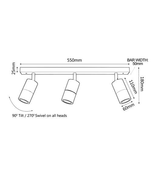 CLA GU10 Exterior Adjustable Head LED Bar Lights Black 110-265V IP44 - PG2BARBL, PG3BARBL, PG4BARBL, PG4SQBL - CLA Lighting