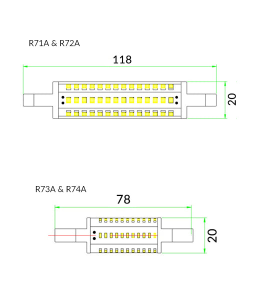 CLA LED R7 Lamps and Globes 3000K 5000K 220-250V IP42 - R71A, R72A, R73A, R74A -CLA Lighting