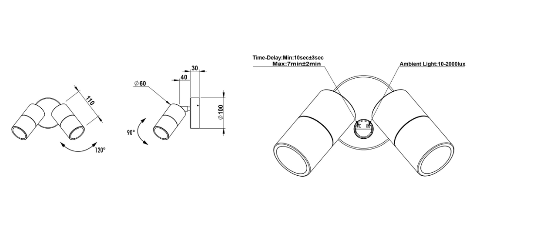 SAL BONDI SES7124TC SENSOR Exterior Wall Lights Tri - Black/ White/ Aluminium Stainless 2x4W 240V IP65 - SES7124TC
