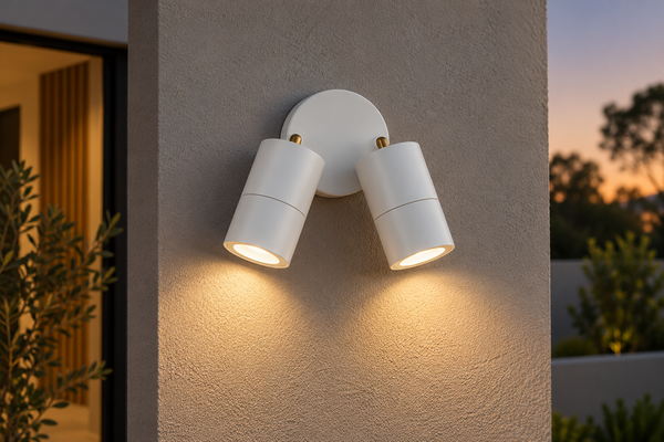 Illustrative scene of a white Tivah-style double adjustable exterior wall light illuminating an entrance