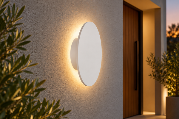 Illustrative scene of a white Havit Halo-style exterior wall light with warm backlighting beside a doorway