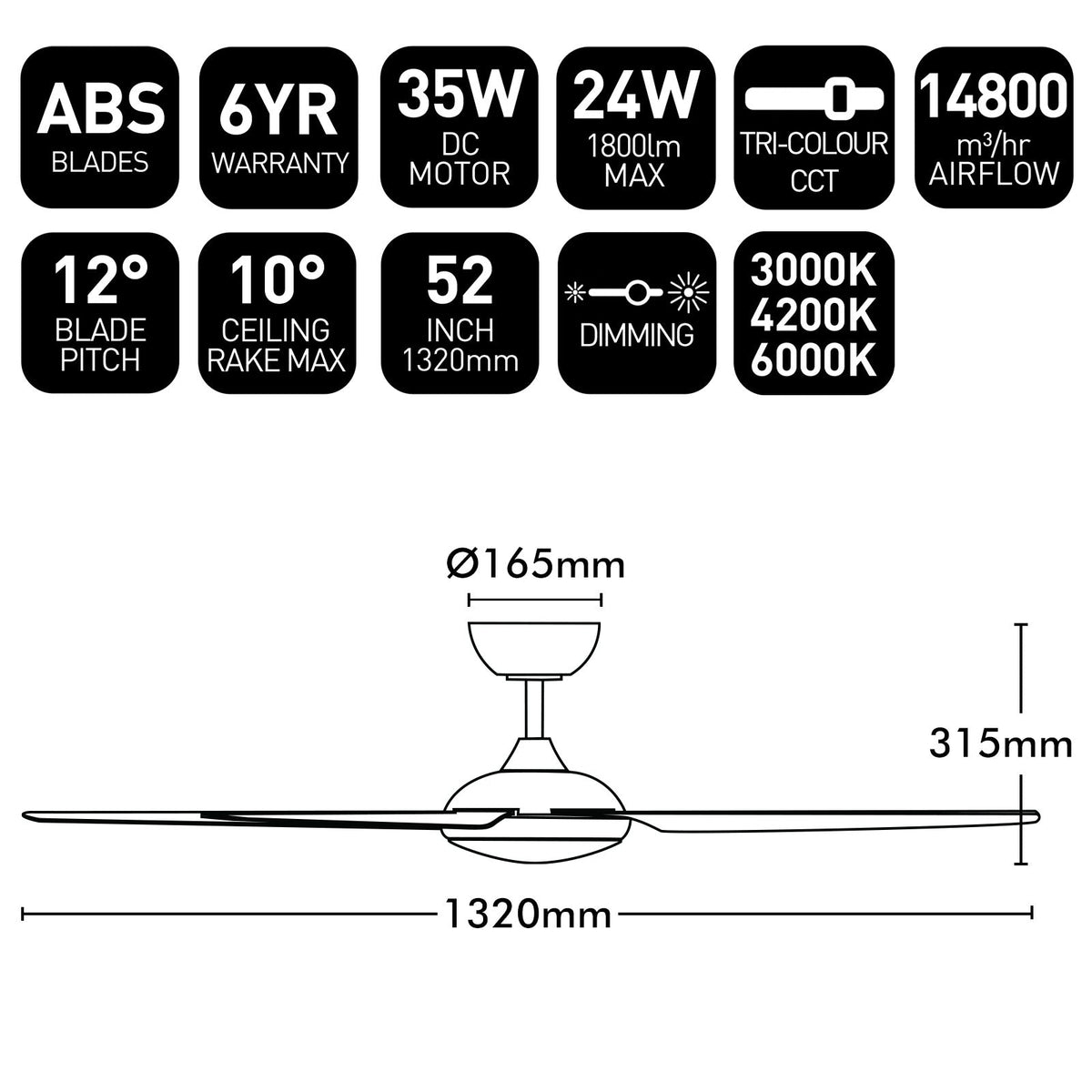 Brilliant Amari 52" DC Ceiling Fan with 24W LED Light – Black / White – 21721/06 – dimension drawing
