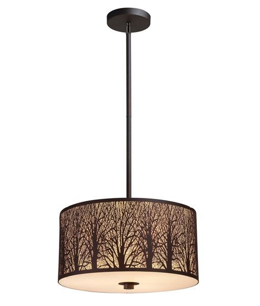 AUTUMN02: Interior single pendant lights. ES x 3 60W LGE RND Bronze with Amber Lining White Int. Glass Diffuser OD400mm x H200mm (Rods)