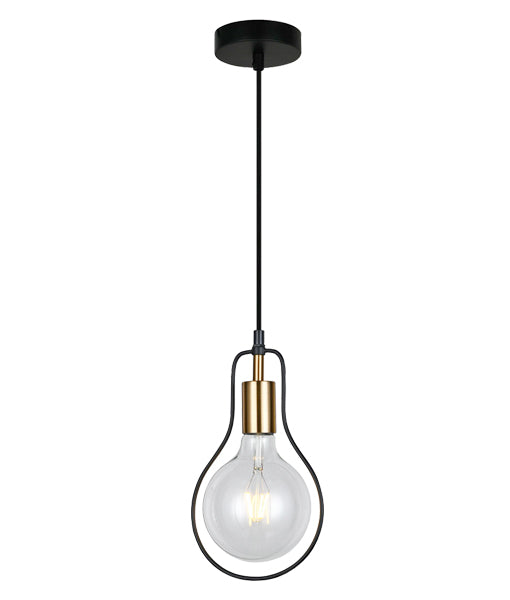 CONTOUR1: Interior PENDANT ES 72W Black Wire Pear with Antique Brass Highlight. CLA Lighting 