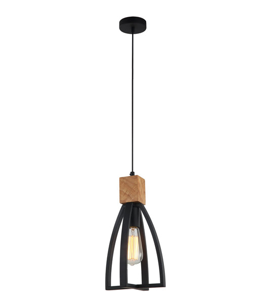 FARO1: Interior single pendant light. ES Lamp. 72W MATT Black WOOD Convex Cone D180mm x H330mm 3m cable. CLA Lighting. 