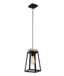 LANTERNA1: Interior single pendant light. ES Lamp. 72W MATT Black WOOD TRAPEZIUM OD170mm x H285mm 3m cable. CLA Lighting. 