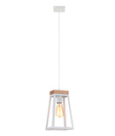 LANTERNA2: Interior single pendant light. ES Lamp. 72W MATT White WOOD TRAPEZIUM OD170mm x H285mm 3m cable. CLA Lighting.