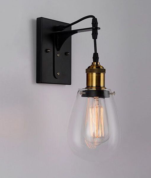 STRUNG1: Interior Wall Light. ES 40W Black / Antique Brass and Clear Pear-shaped Glass. Antique wall light. CLA Lighting. 