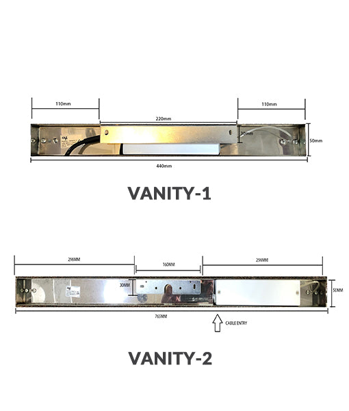 VANITY-1, VANITY-2: Interior LED surface mounted wall lights. CHROME Frosted Acrylic Diffuser, 7.6W 120D 4000K IP44 775 lumens