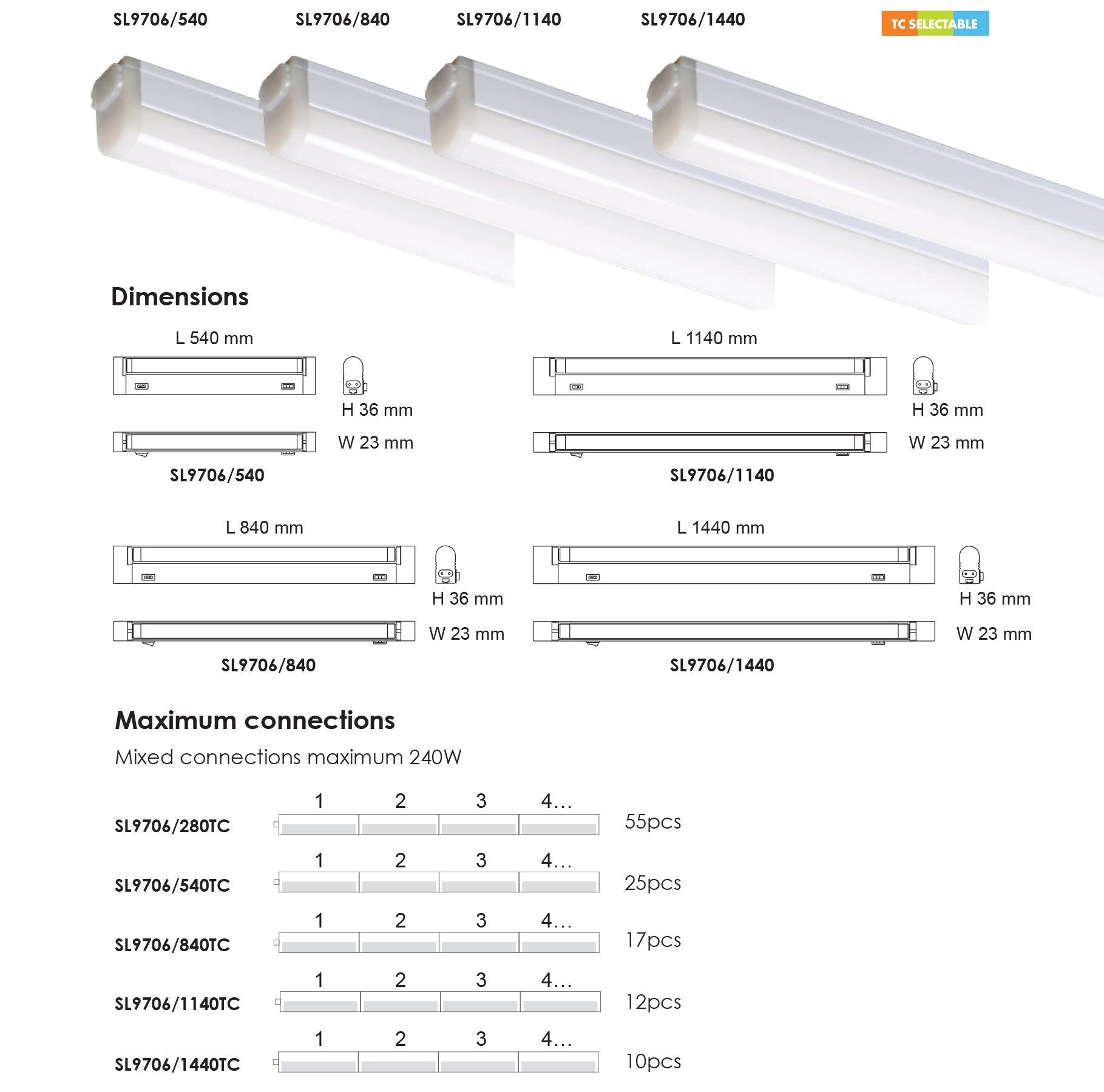 SAL Slimline Seamless TC Linkable SL9706 LED Linear Batten Tri - White 4/9/13/18/22W 240V IP20 - SL9706 - SAL Lighting